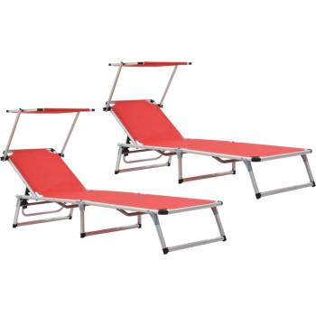 vidaXL 312459 Folding Sun Loungers with Roof 2 pcs Aluminium&Textilene Red (312459)