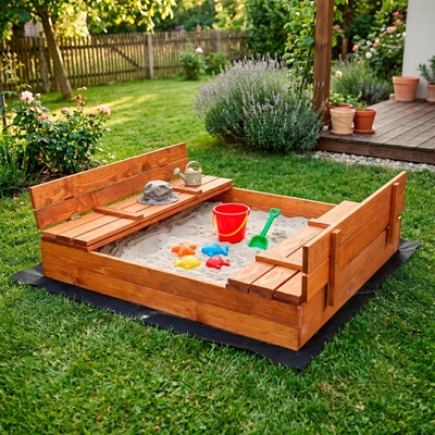 Springos Pieskovisko drevené uzamykateľné s lavičkami 150x150 cm