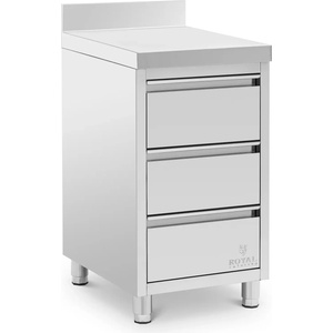 Royal Catering Неръждаем стоманен работен шкаф - 50 x 60 см - 186 кг - 3 чекмеджета - с повдигната част - Royal Catering RCCD-3 (RCCD-3)