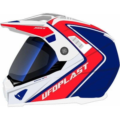 UFO přilba ARIES OFFROAD / DUAL / TOURER / CROSSOVER se štítem, kšiltem a sluneční clonou barva bílá/červená/modrá velikost S (ECE 22R06)