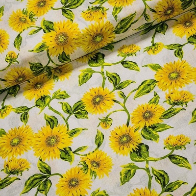 Bavlněné plátno slunečnice na bílé, žlutá, š.140cm (látka v metráži)