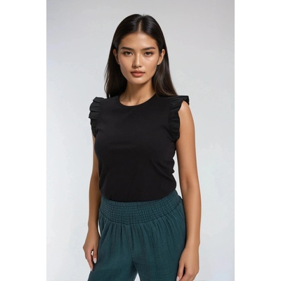 Moodo Дамска черна памучна тениска с воали Moodo | Cheren | ЖЕНИ | XS