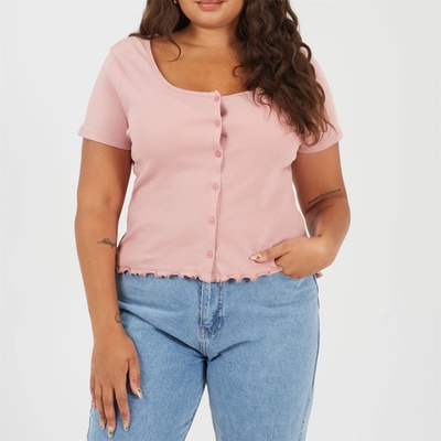 Brave Soul Фланелка с къс ръкав Brave Soul BS Plus Size Button Through Short Sleeve Top with Lettuce Hem - Dusty Rose