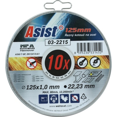 Asist Sada řezných kotoučů ocel/INOX 125 x 1mm, 10ks v plechovém boxu 03-2215