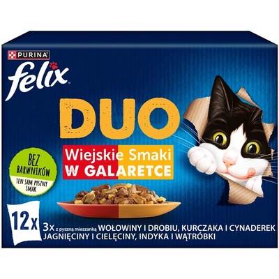 Felix Fantastic Duo Country Flavours s hovädziem a drůbežím kuřecím Tzatziki jehněčím telecím krůtím a játry v želé 12 x 85 g