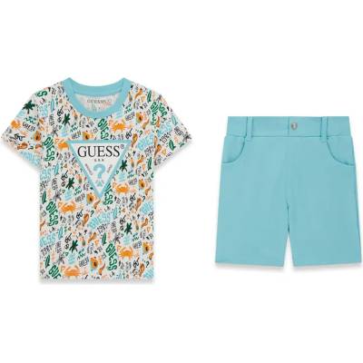 Guess Комплект многоцветна тениска и тюркоазени къси панталони за мини момче с лого Guess