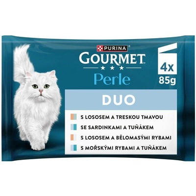 Gourmet Perle DUO losos a treska / mořské ryby a tuňák / losos a ryby / sardinky a tuňák 4 x 85 g