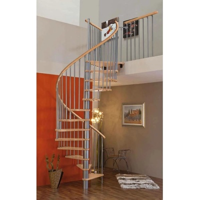Minka Spiral Wood Grey - točité schody, průměr 120 cm, 140 cm nebo 160 cm · nášlapy buk masiv · šedá barva konstrukce