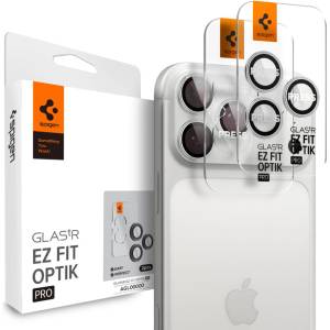 Spigen 2 броя стъклени протектор за камера на iPhone 16 Pro / Max / 17 Pro / Max от Spigen Optik Pro Glas. TR. Ez Fit - Silver (8800283312577)
