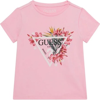 Image 1 of GUESS Тениска в розово за мини момиче с цветя и бяло лого Guess с глитери