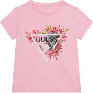 GUESS Тениска в розово за мини момиче с цветя и бяло лого Guess с глитери