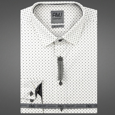 AMJ pánská bavlněná košile dlouhý rukáv slim fit s černými vlnkami a puntíky bílá VDSBR1236