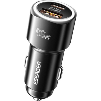 ESSAGER 89W зарядно за кола, 45W Type-C, 44W USB-A, алуминий - черен