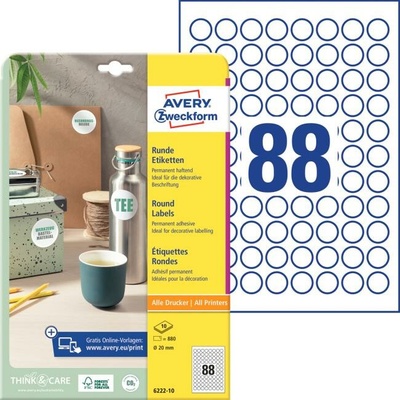 Etikety univerzálne kruhové 20mm Avery A4 10 hárkov