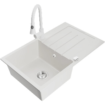 Mexen Bruno еднокоморова гранитна мивка с отцедник и кухненски смесител Elia, бял - 6513-20-670101-20 (6513-20-670101-20)