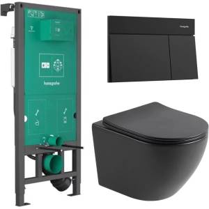 Rune Комплект казанче за WC с вграждаща рамка Hansgrohe iFrame 112 см и бутон iFrame Element E, матово черно, плюс тоалетна чиния Rune Ivaldi с капак softclose (01022180+66003670+5940541330424)
