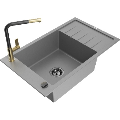 Mexen Elias гранитна мивка с 1 камера с отцедник и кухненски смесител Flora, сив - 6511-71-670401-57-B (6511-71-670401-57-B)