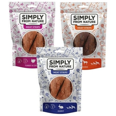 SIMPLY FROM NATURE Meat Strips maškrty s králikom konským mäsom a morkou 3x 80 g