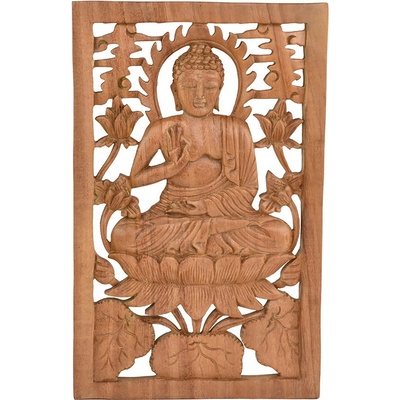 Závěsná dřevěná dekorace Buddha na lotosu - Vitarka mudra - jednobarevná - 25 x 40 cm