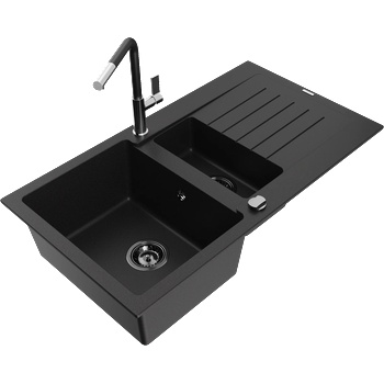Mexen Matias гранитна мивка 1, 5-коморова със сушилник и кухненски смесител Flora, черен - 6502-77-670401-07-B (6502-77-670401-07-B)