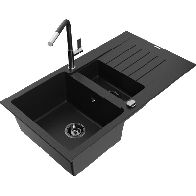 Mexen Matias гранитна мивка 1, 5-коморова със сушилник и кухненски смесител Flora, черен - 6502-77-670401-07-B (6502-77-670401-07-B)