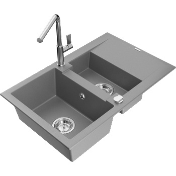 Mexen Gaspar гранитна мивка с 1, 5 камери с отцедник и кухненски смесител Flora, сив - 6507-71-670401-00 (6507-71-670401-00)