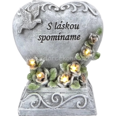 Solárny náhrobný kameň S láskou spomíname srdce s holubicou a kvetmi 16cm