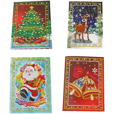 Диамантени Поздравителни Картички за Коледа 4 - 4 броя, Кръгли мъниста