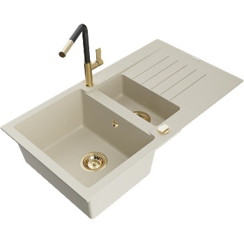 Mexen Matias гранитна мивка 1, 5-камерна с отцеждач и кухненски смесител Flora, бежова - 6502-69-670401-57-G (6502-69-670401-57-G)