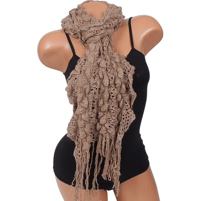 Плетен шал в цвят каки с ламе и ресни