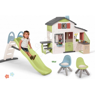 Smoby Set domček Priateľov a 2 metrová šmykľavka Friends House Life s kuchynkou a 2 stoličkami KidChair s elektronickým zvončekom