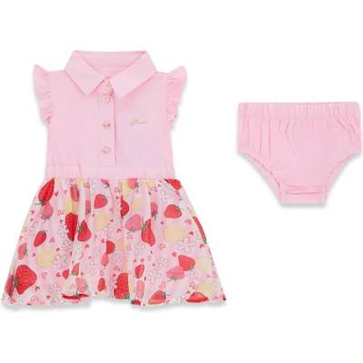 Guess Памучна комбинирана рокля с копчета за бебе момиче в розово с плодове Guess