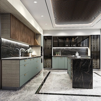 IRIM Модулна кухня с остров City 9171 корпус мока / фронт олив мат, крийм гланц и дъб натурал 12