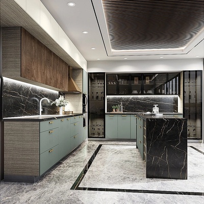 IRIM Модулна кухня с остров City 9171 корпус мока / фронт олив мат, крийм гланц и дъб натурал 12