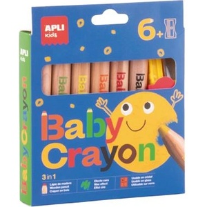 APLI Комплект цветни моливи, дебели, с острилка, 3 в 1, APLI Kids „Baby Crayon, 6 различни цвята (20635)