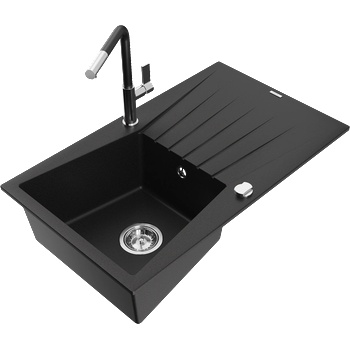 Mexen Cesar гранитна мивка с 1 камера, с отцедник и кухненски смесител Flora, черен - 6514-77-670401-07 (6514-77-670401-07)