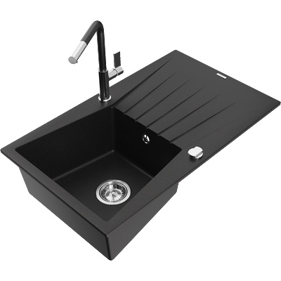 Mexen Cesar гранитна мивка с 1 камера, с отцедник и кухненски смесител Flora, черен - 6514-77-670401-07 (6514-77-670401-07)