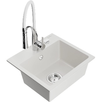 Mexen Milo гранитна мивка с 1 отделение и кухненски смесител Aster, бял - 6505-20-73450-02 (6505-20-73450-02)