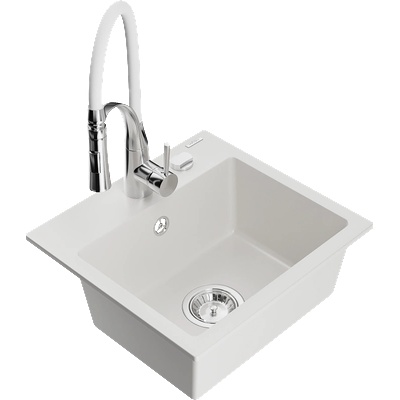 Mexen Milo гранитна мивка с 1 отделение и кухненски смесител Aster, бял - 6505-20-73450-02 (6505-20-73450-02)