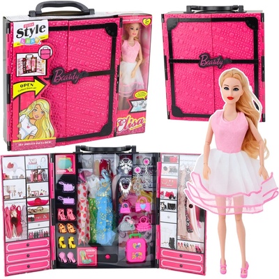 LEAN Toys 28843 Šatník pre bábiky s bábikou a príslušenstvom, ružový