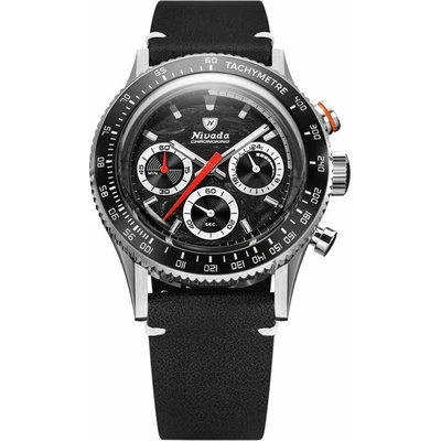 Nivada Grenchen Chronoking Meca Racing Black - Inter. Bezel - Black Leather White Stitching