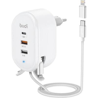 budi Wall Charger 30W - захранване за ел. мрежа с 2xUSB-A и 1xUSB-C изходи и вграден USB-C кабел с Lightning и microUSB адаптери (бял) (D64430)