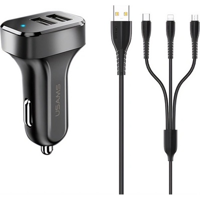 USAMS Зарядно устройство за кола USAMS KING TU C13, 2 USB гнезда 10W, LED индикатор + кабел за мълния/microUSB/Type-C, ЧЕРНО NTU35YTSC13TZ (NTU35YTSC13TZ)
