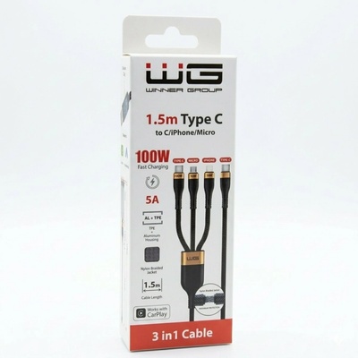 Winner WINKABEL3IN1 3v1 USB-C/Lightning/Micro USB,1,5m, černý