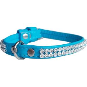 COLLAR Лъскав кожен нашийник с кристали 19 - 25см, 9мм - светлосин