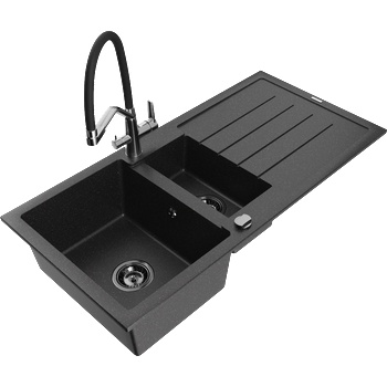 Mexen Andres гранитна мивка 1, 5-камерна с отцедник и кухненски смесител Duo, черно/сребърно - 6515-73-671701-07-B (6515-73-671701-07-B)