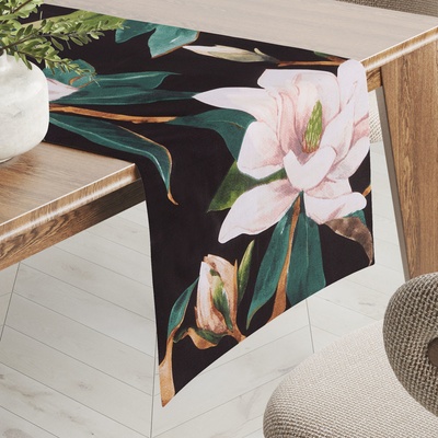 Biante bavlna běhoun Sandra SA-300 Květy magnolie na černém 20x140cm