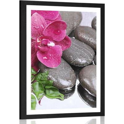 Plakát s paspartou kvetoucí orchidej a wellness kameny - 40x60 white