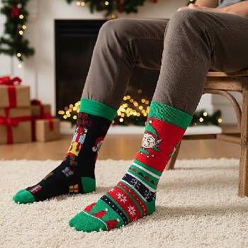Комплект мъжки коледни чорапи с елф и Дядо Коледа