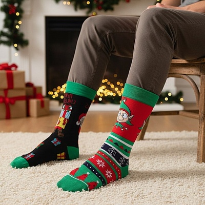 Комплект мъжки коледни чорапи с елф и Дядо Коледа